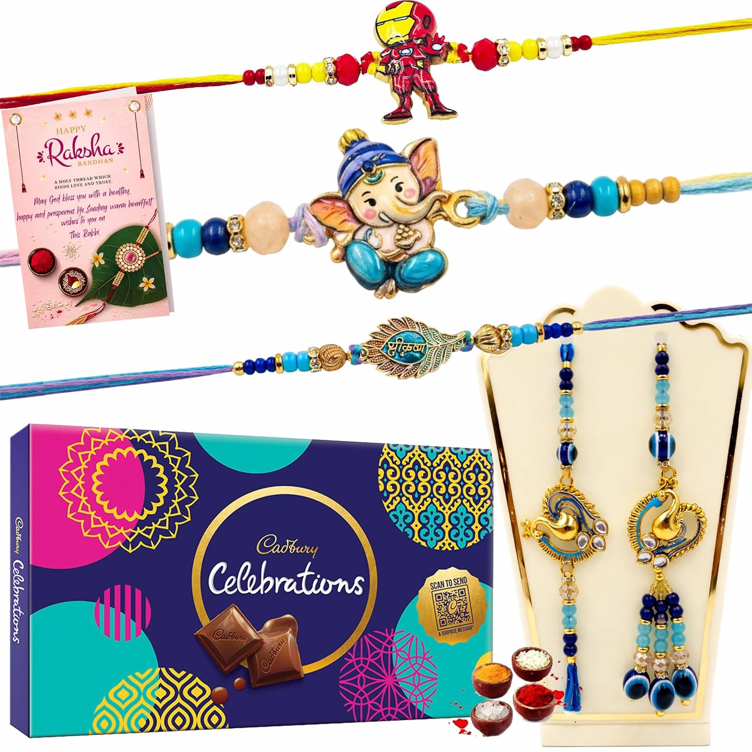 Bhaiya Bhabhi Kids Rakhi Set Set of 5 with Chocolate Gfit-Rakhi for Bhaiya Bhabhi Bhatija/Bhatiji,Girls,Boys | Rakhi Gift Hamepr for Brother and Bhabhi Kids with Rakshabandhan Card,Roli,Chawal